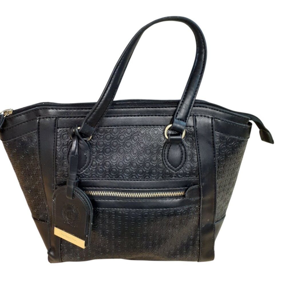 London Fog Black Tote Bag Textured Faux Leather Detachable Luggage Tag 13" x 11"